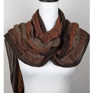 Boho Brown Scarf/Wrap scattered sequins fringe rayon blend 98" X 18"gathered